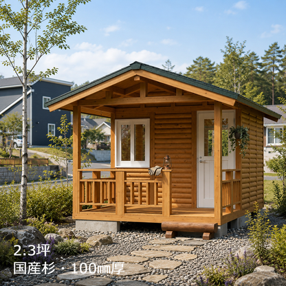 HDR2.3-ML-DTY1.5-BT ログハウスキット ログキットハウス 2.3坪 デッキ1.5坪付き 国産材使用