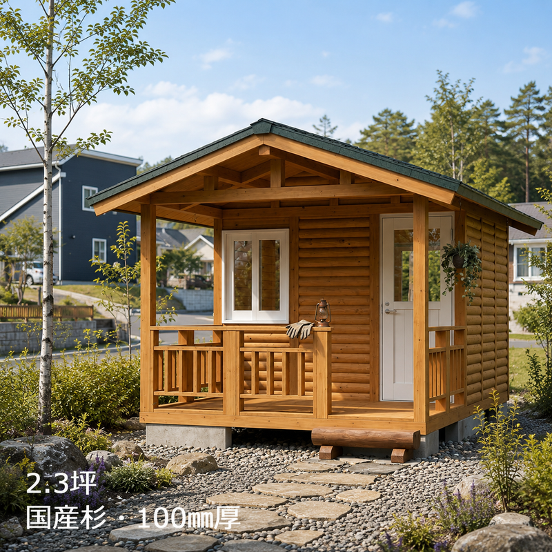 HDR2.3-ML-DTY1.5-BT ログハウスキット ログキットハウス 2.3坪 デッキ1.5坪付き 国産材使用