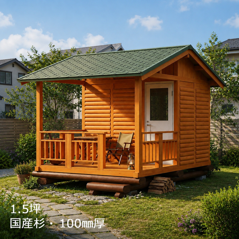 HDR1.5-MS-DNY1.5-MR ログハウスキット ログキットハウス 1.5坪 デッキ1.5坪付き 国産材使用