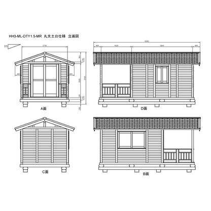 HH3-ML-DTY1.5-MR ログハウスキット ログキットハウス ３坪 デッキ1.5坪付き 国産材使用